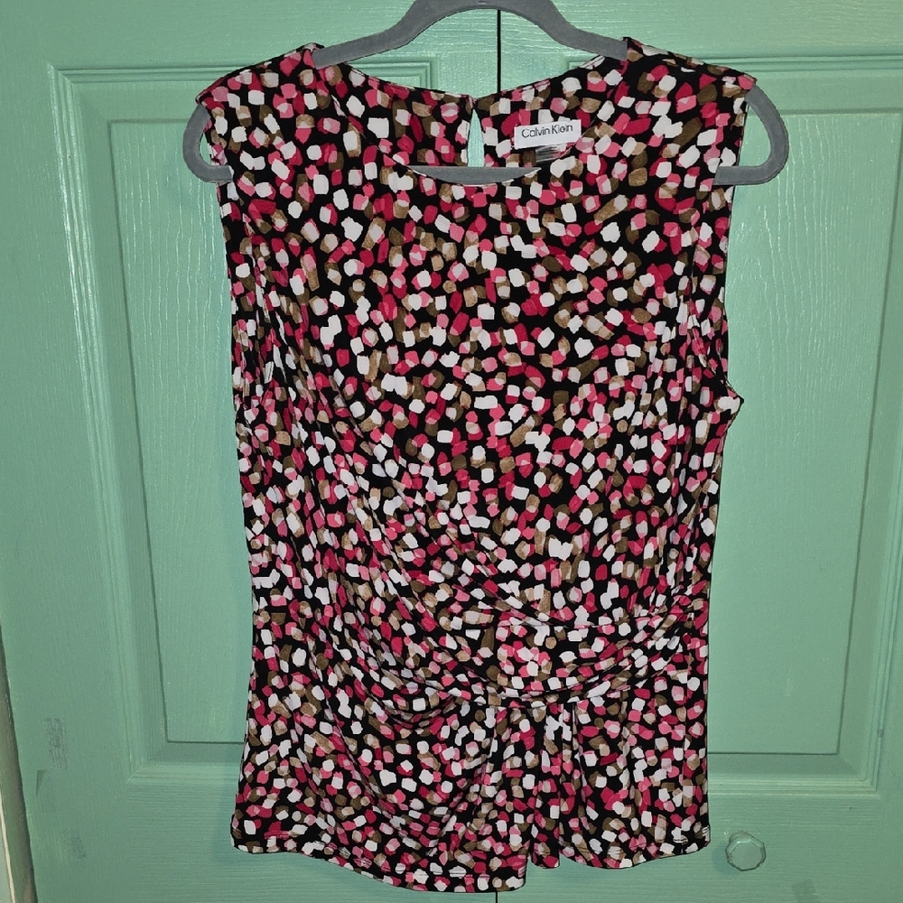 Calvin Klein Women's Sleeveless Top - Pink and Black Pattern - Gathered Waist